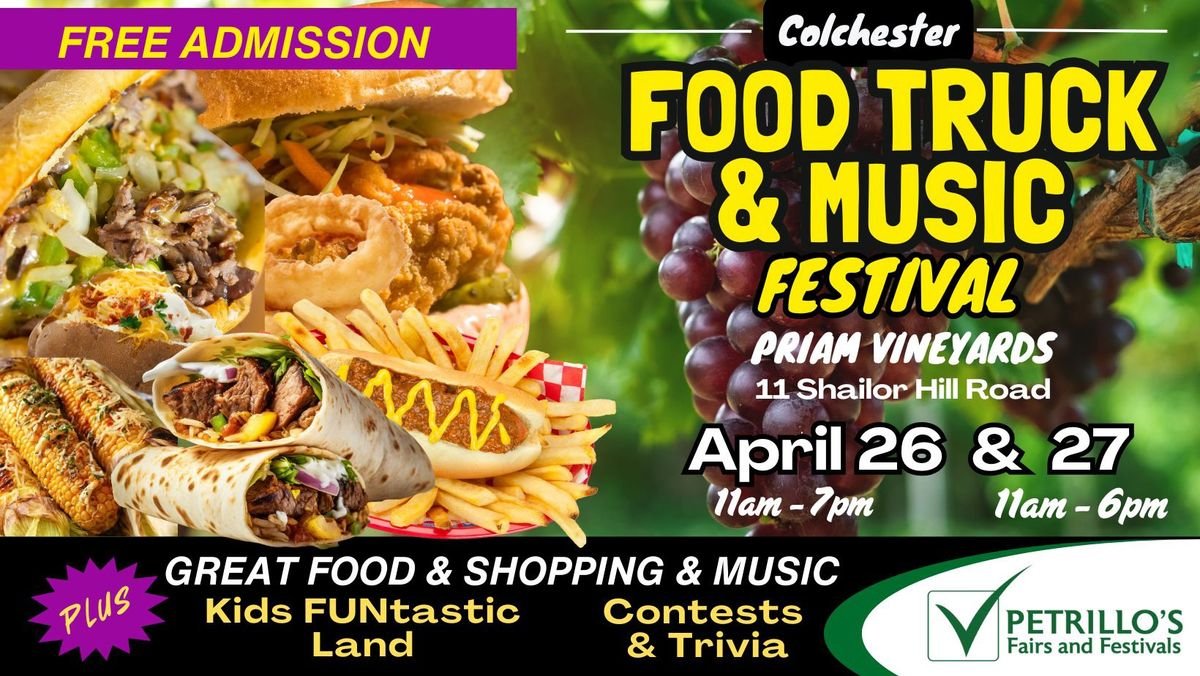 Join us at the Colchester Food Truck Festival on April 26-27, 2025, at Priam Vineyards. Enjoy a variety of food trucks, craft vendors, and family-friendly activities in beautiful Colchester, CT