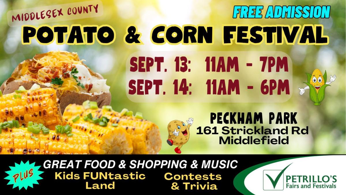 Join the Connecticut Potato & Corn Festival on September 13-14, 2025, at Peckham Park in Middlefield, CT! Enjoy free admission, delicious food, live music, and family-friendly fun celebrating two of the world