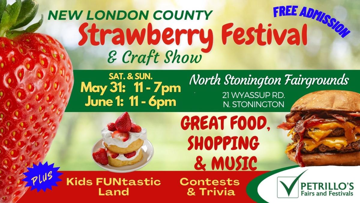 Celebrate the start of summer at the New London County Strawberry Festival on May 31-June 1, 2025, at North Stonington Fairgrounds. Enjoy strawberry-themed foods, over 80 vendors, live entertainment, and family activities. Free admission and parking.