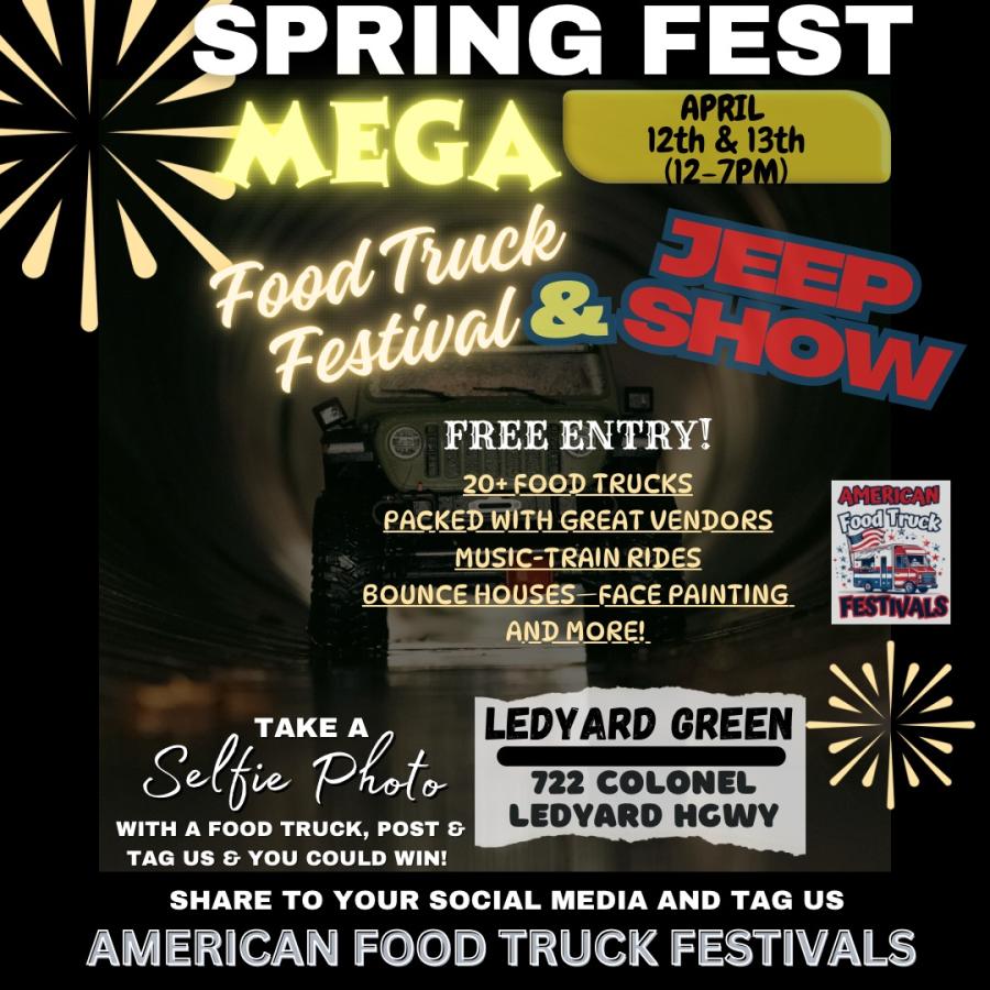 Join us for the Spring Fest MEGA Food Truck Festival in Ledyard, CT! Enjoy a weekend of food trucks, live music, a Jeep competition, artisan vendors, and family-friendly activities.
