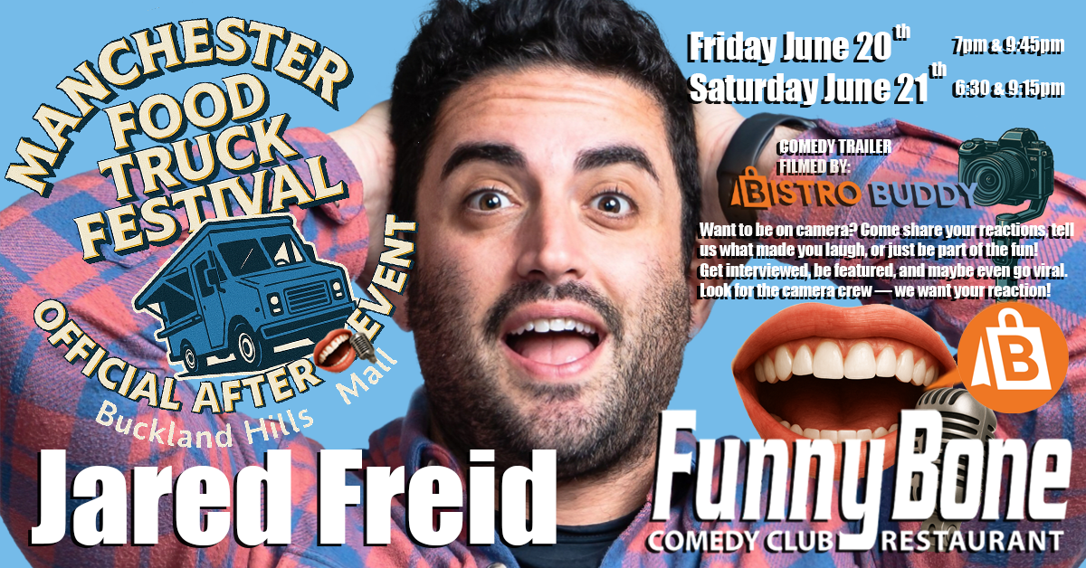 Kick off your weekend with Netflix star Jared Freid live on June 20 at Funny Bone Comedy Club in Manchester CT – the official Friday After Comedy Event for Manchester Food Truck Festival.  Alias: